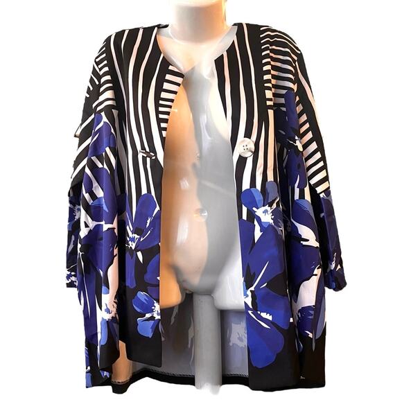 Mirelle Women's Blk/Wht Striped Blue Floral 1-Button Front Cardigan/Jacket SZ XL - Picture 3 of 9